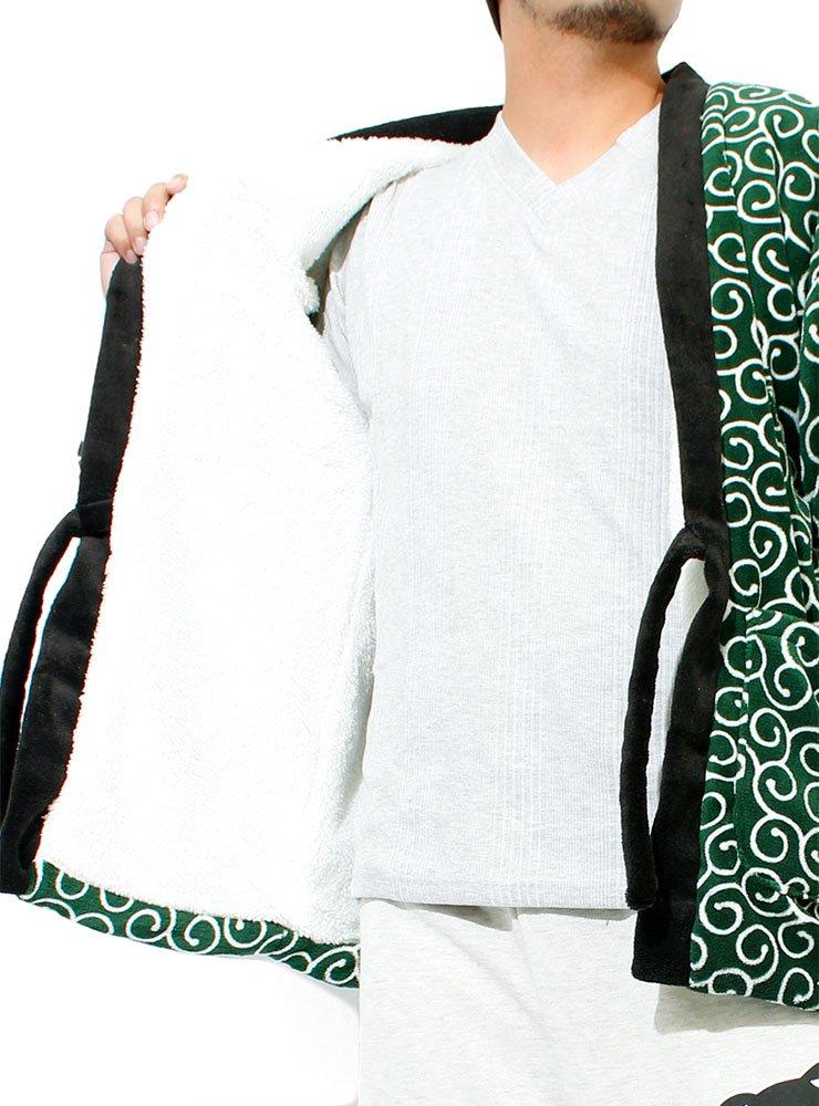 Wankodo Men's Warm Hanten Jacket, Large Size, Boa Fabric, Arabesque Print, Shiba Inu, Kyoto-Originated Mascot, Wankodo Chanchanko, 5L, Green