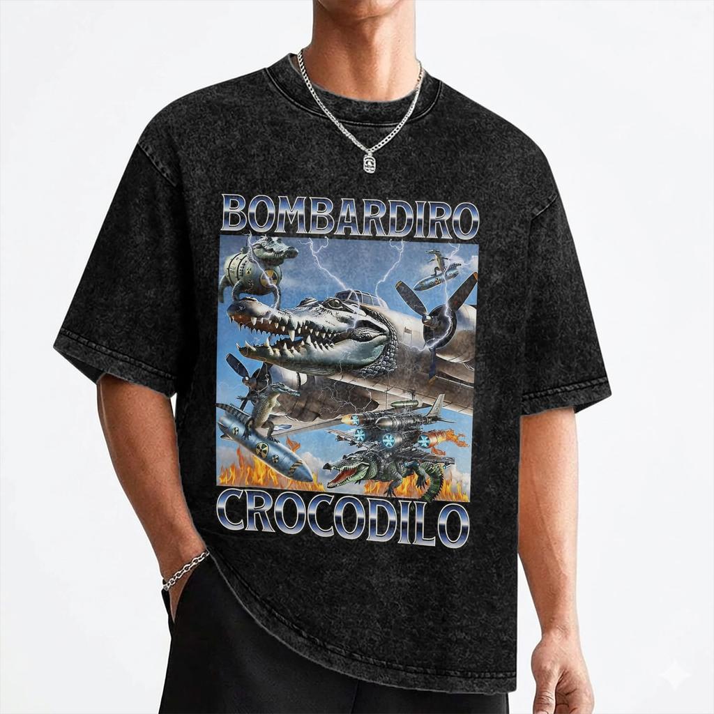 Bombardiro Crocodilo Meme T Shirts Washed Short Sleeve TShirt Italian Brainrot Memes Men Women Streetwear Printed Tees
