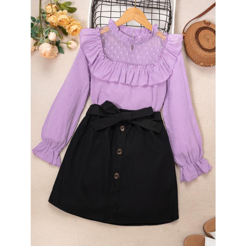 Big girls long-sleeved + skirt fashion suit, autumn thin top with fungus edge decoration and see-through neckline, long-sleeved belt, horn cuffs