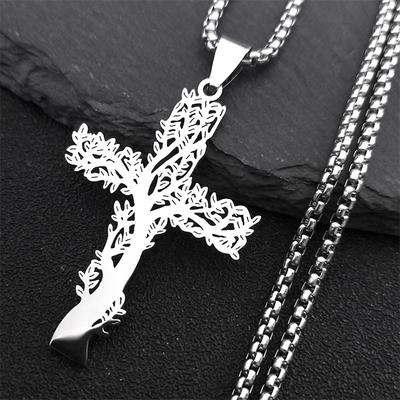 Edelstahl Lebensbaum Kreuz Anhänger Halskette Silberfarbe Herren Damen Ästhetische Halskette Schmuck arbol de la vida N3018S02