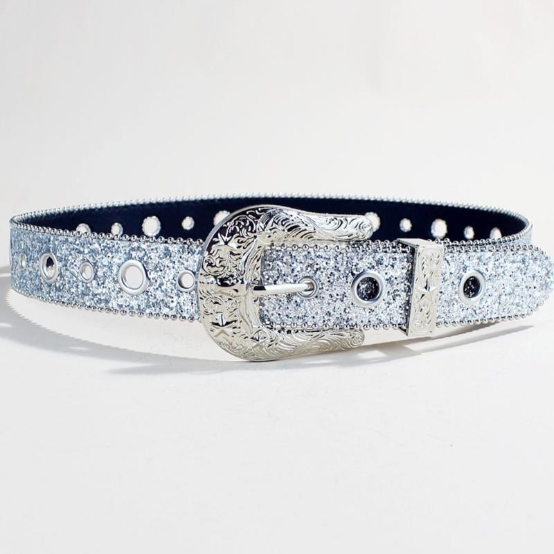 Shimmering Sequined Belt Girl Engraved Buckle Belt 2000s Waistband Punk Waistbelt Bead Trim Belt Aesthetic Waist Accessory
