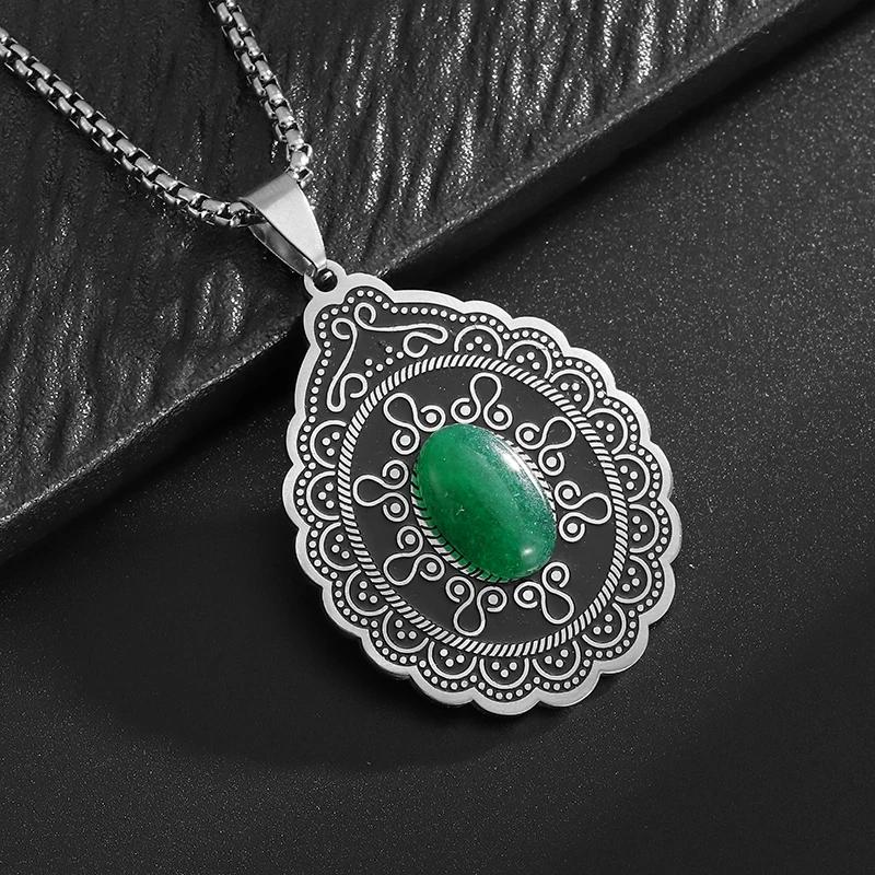 Retro Styl Boho Owalny Kwiatowy Naturalny Kamień Stal Nierdzewna Wisiorek Naszyjnik Damska Moda Elegancka Biżuteria Świąteczna Prezent