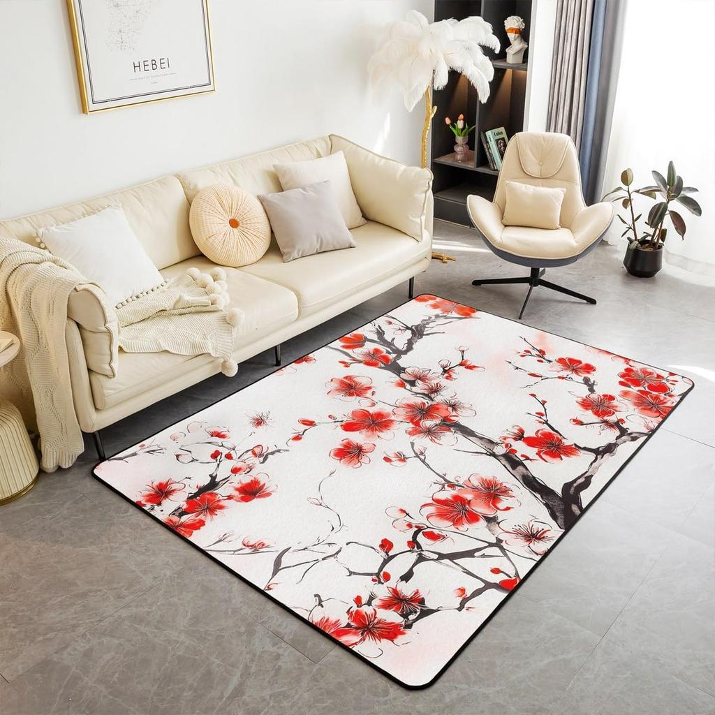 Japanese Ukiyo-e Geisha & Cherry Blossom Print Area Rug, Non-Slip Floor Mat for Living Room Bedroom Home Decor Carpet