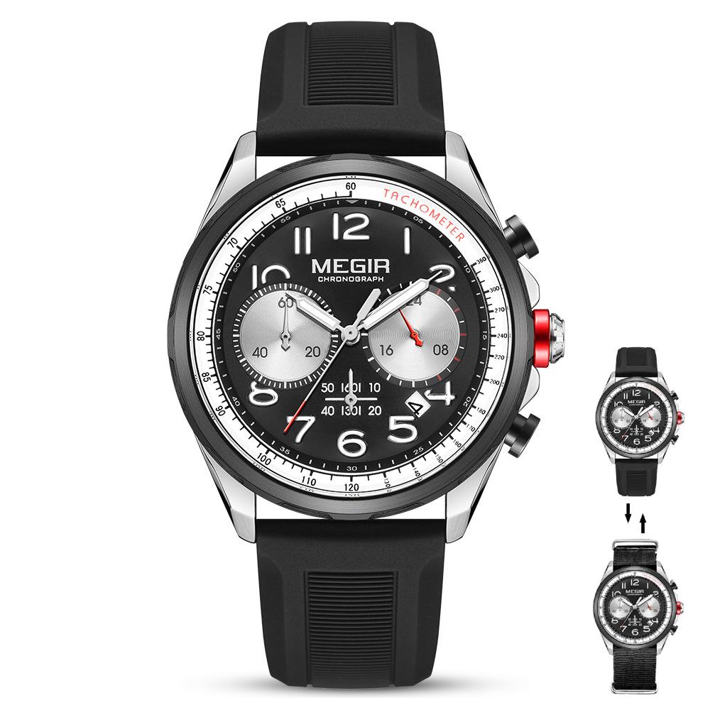 Sport Quartz Watch for Men Gray Silicone Strap Waterproof Chronograph Wristwatch with Blue Dial Auto Date Luminous Hands