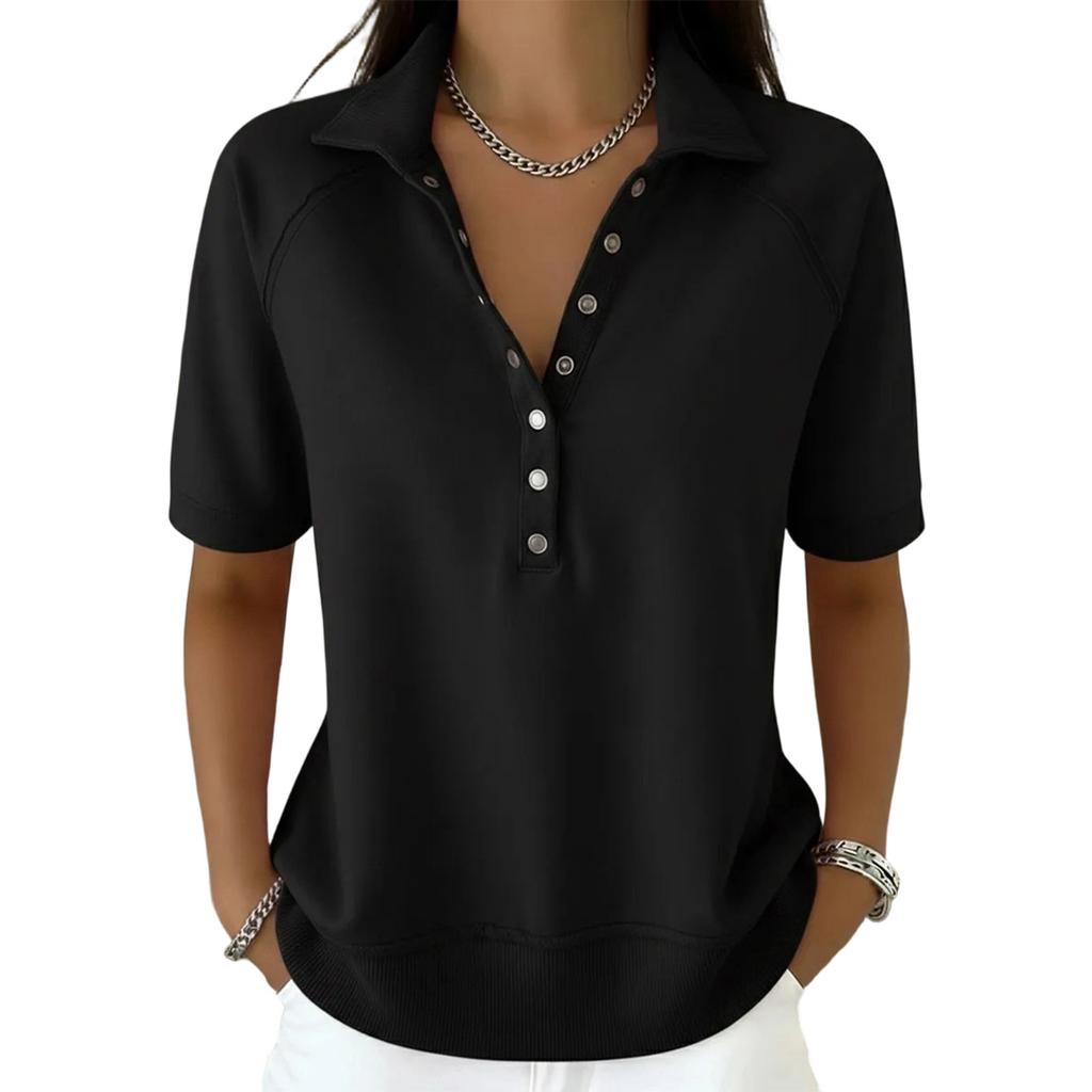 Women’s Loose Fit Vintage Style Short Sleeve Shirt with Turn Down Collar and Six Button Front Casual Literary Design