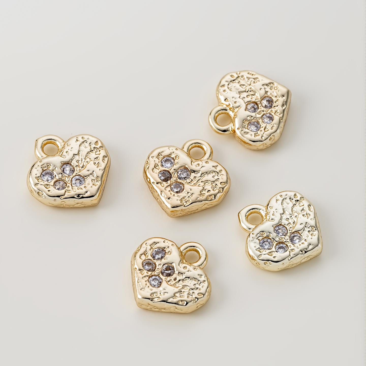 2Piece 14/18K Gold Color Plated Copper Heart Shape Pendants with Zircon for DIY Bracelet Necklace Jewelry Making Accessories
