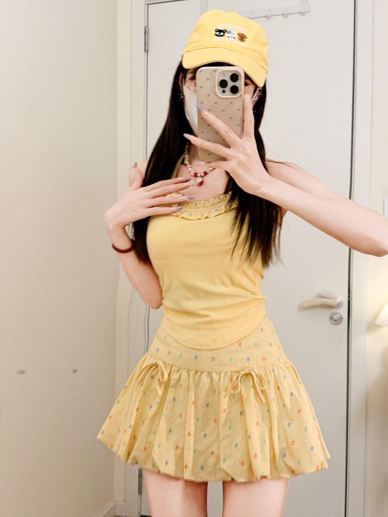 Yellow Polka Dot Bow Lantern Skirt for Women - Spring/Summer High Waist, Puffy and Playful Style.