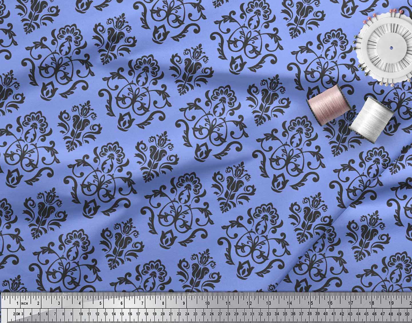 Купити Soimoi Blue Poly Crepe Fabric Flourish Damask Print Тканина