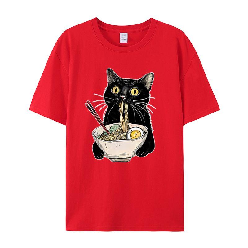 Cat Eats Noodles Pattern Print Men's T-Shirt Summer Vintage Kawaii Men's and Women's Surfing Beach T-Shirt Breathable Casual Top
