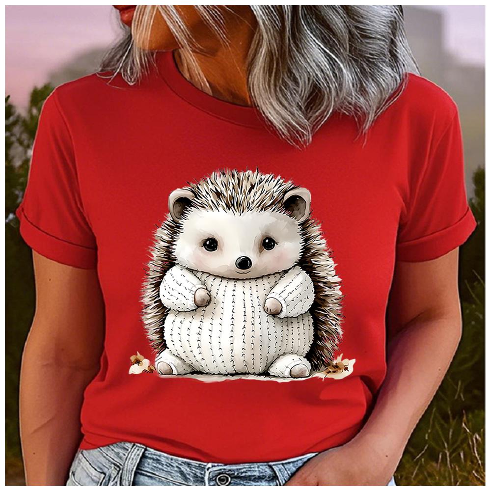 Women's Polyester 100%  interesting hedgehog Print T-shirt Loose round Neck Casual Short Sleeve Fashion Top  Clothing Summer