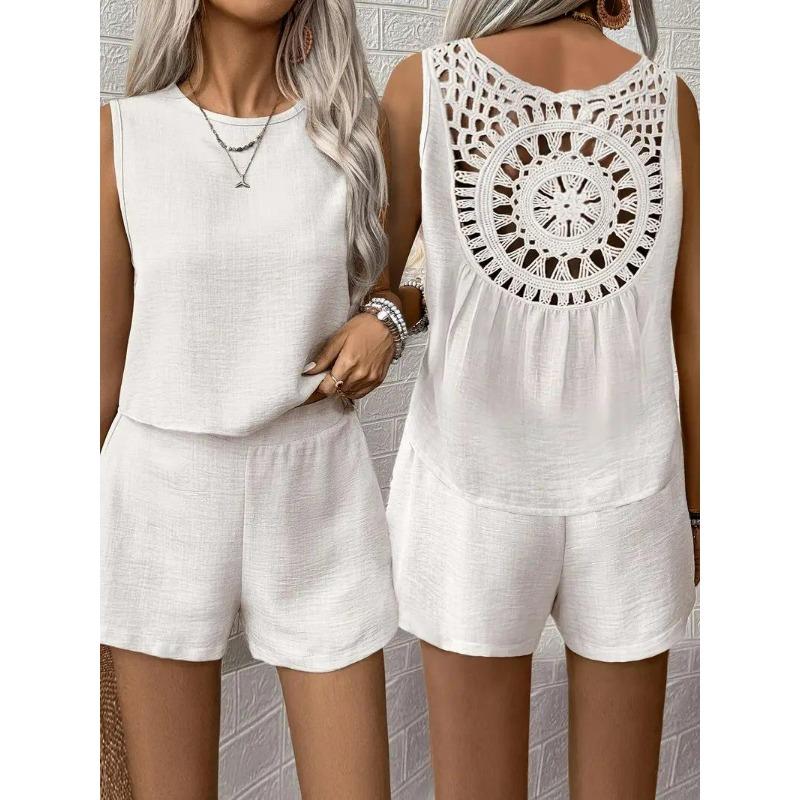 Women's Sleeveless Lace Panel Top and Shorts Two-Piece Summer Set