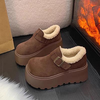 Small Muffin Thick-soled Women's Leather Women's Shoes Autumn and Winter New Velvet Heightening One-pedal Loafer Cotton Shoes