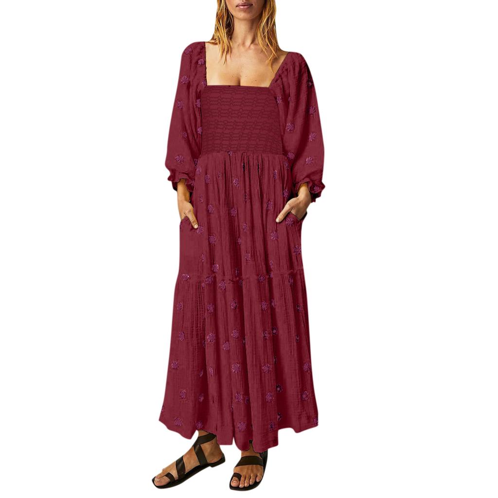 Ladies Casual Dress Square Collar Horn Sleeve Long Skirt Casual And Summer Maxi Dresses For Women
