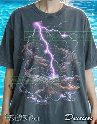 Alligator Purple Lightning Comfort Colors® Tshirt, 90S Crocodile Tees, Vintage Reptile Sweater, Electric Swamp Gator Tanktop, Nature Art
