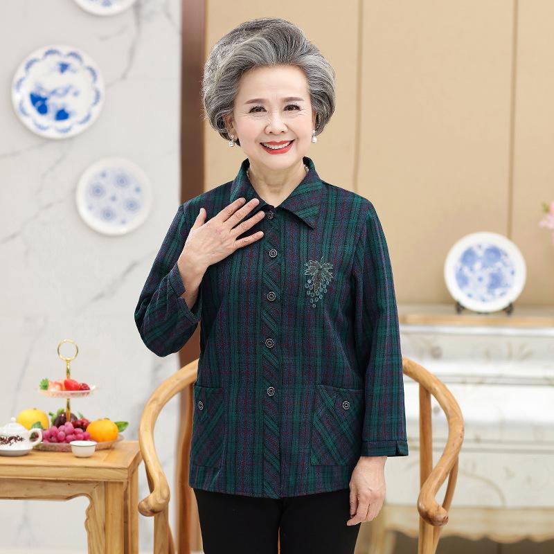 

Elderly Women s Red and Black Plaid Cotton Shirt Long Sleeve Button-Down Blouse with Embroidered Detail and Side Pockets, Soft and Breathable Fabric 5XL