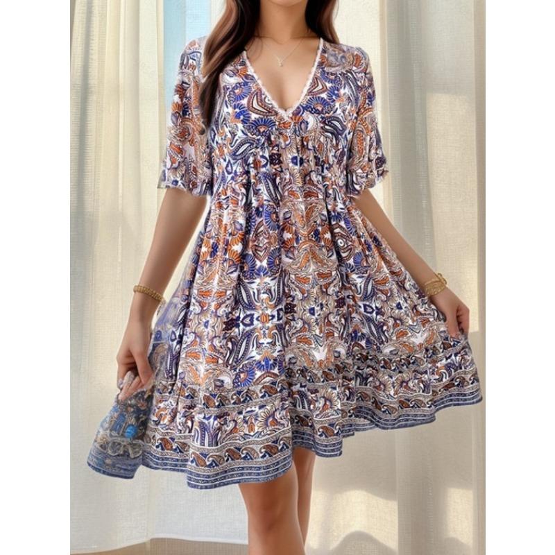 JKASHDK Robe décontractée à manches courtes et col en V pour femme, motif floral, mode été printemps, imprimé, taille ample