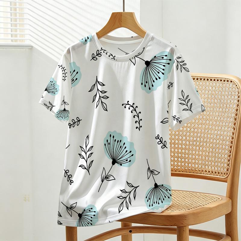 Women's Basic Short Sleeve T-Shirt, Minimalist Floral Design, Soft & Comfortable, Versatile for Casual Outings & Girls' Gatherings