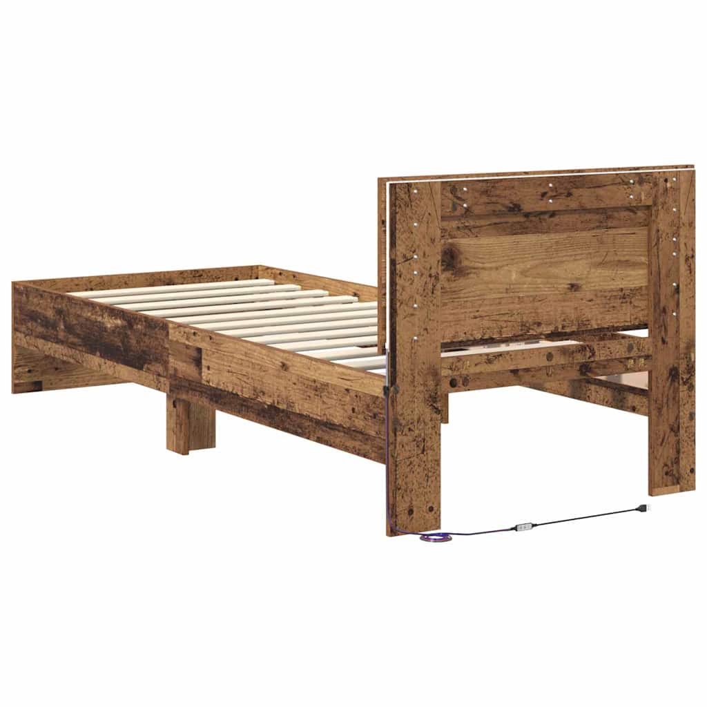 LED Bed Frame with Headboard Reclaimed Wood Look 75 x 190 cm Engineered Wood