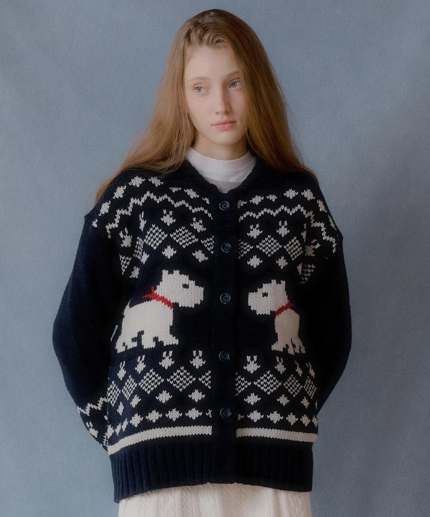 Letter From Moon Scottish Terrier Cowichan Wool Cardigan (Navy)