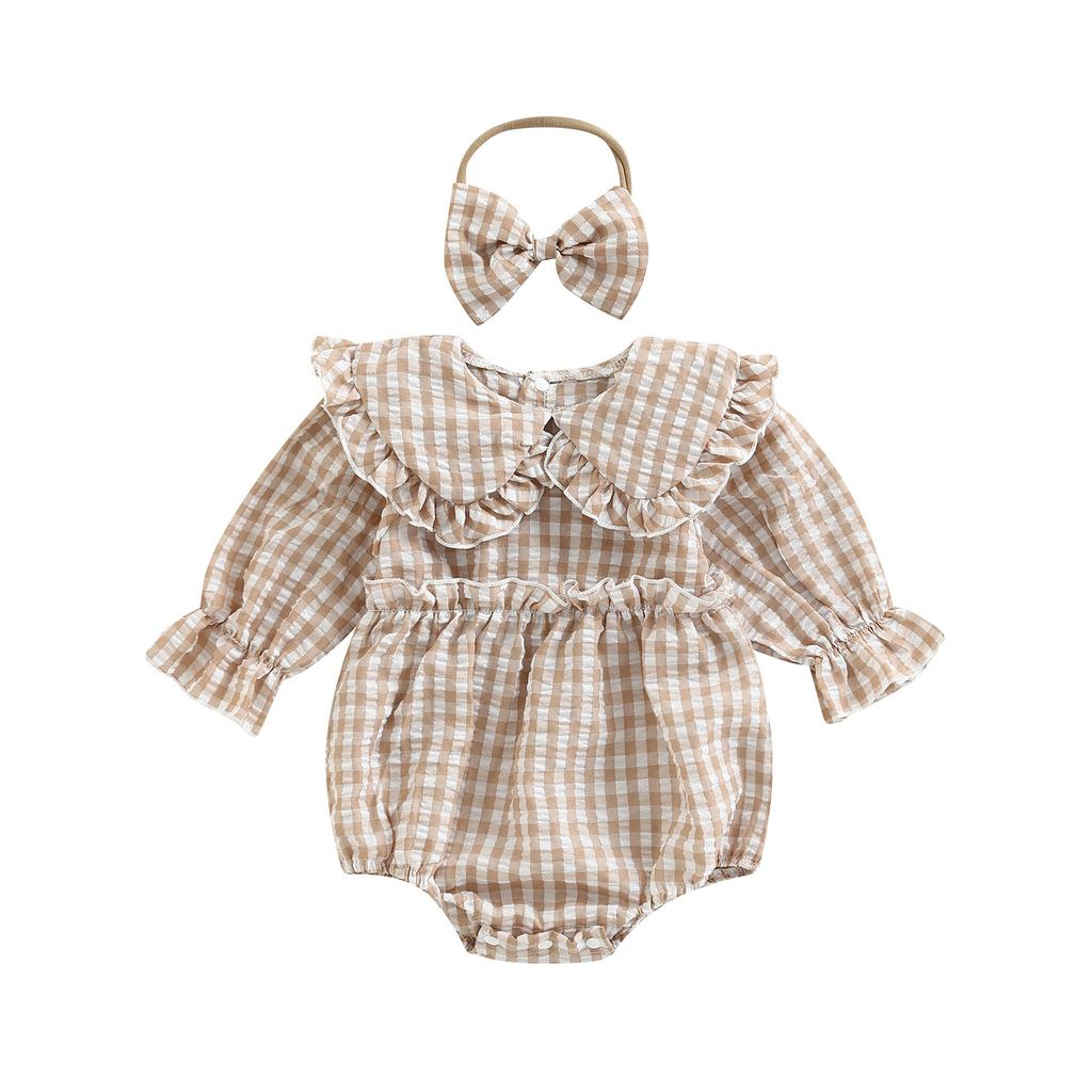 2Pcs Baby Girl Fall Outfit, Plaid Doll Collar Long Sleeve Ruffle Romper + Hairband Set for Infants, 0-18 Months