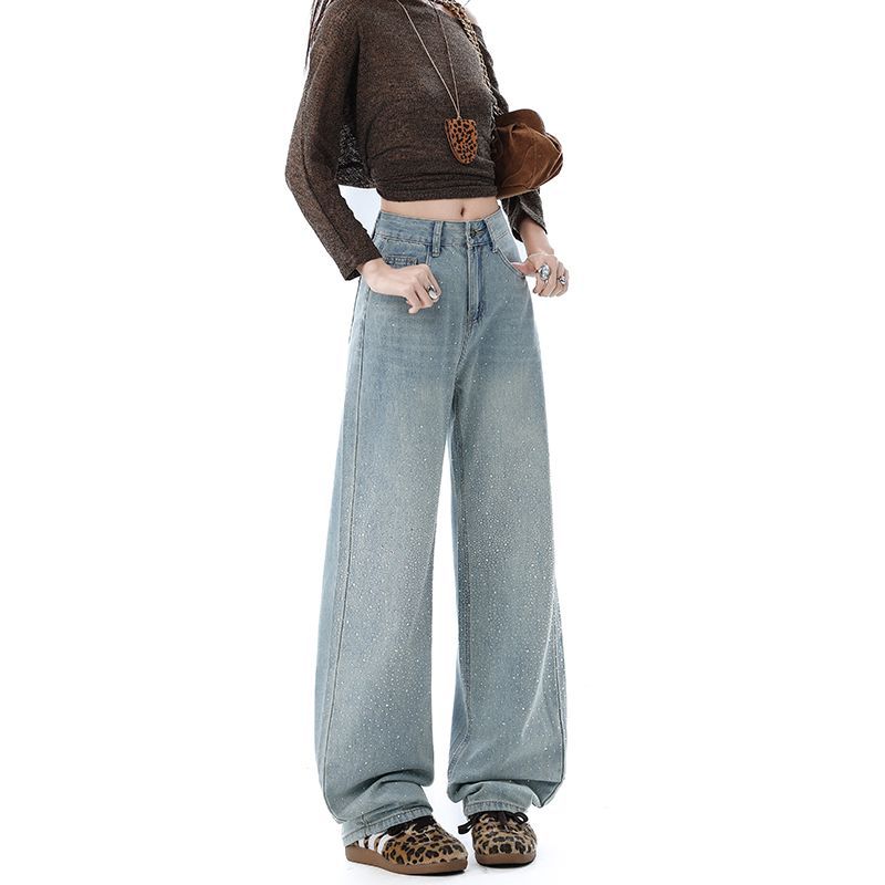 Spring Summer Full Star Rhinestone High Waist Drape Floor Slim Straight Casual Denim Pants For Ladies Casual Pants Oversize Denim Trousers
