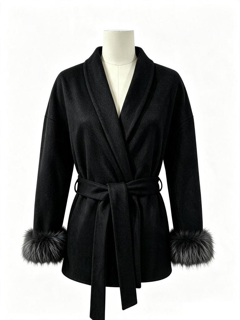 2025 A/W Women's French Tweed Short Coat with Fur Cuffs, V-neck, and Tie-waist - Solid Color.