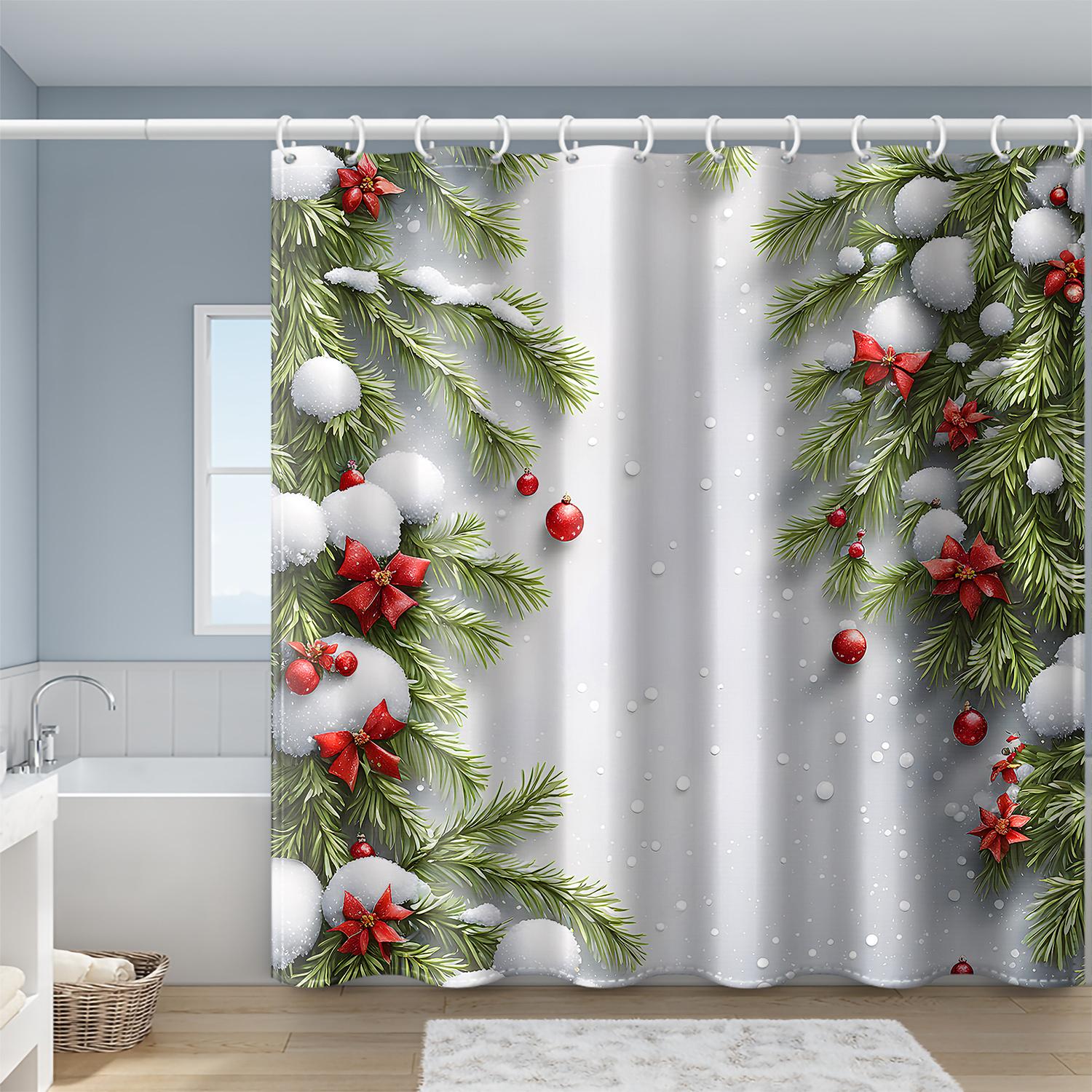 

Christmas Holiday Inspired Woven Polyester Bath Drapery With Pine Needle And Snowball Print, Machine Washable W60H190(CM)-1 Pcs