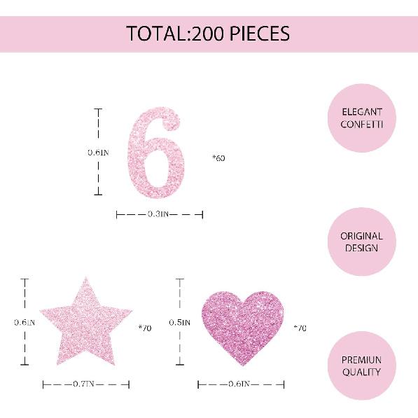 200PCS Number 6 Confetti, Pink Glitter 6th Birthday Paper Confetti, Twinkle Star/Sweet Heart Cut Out for Girls, 6th Anniversary Party Decoration