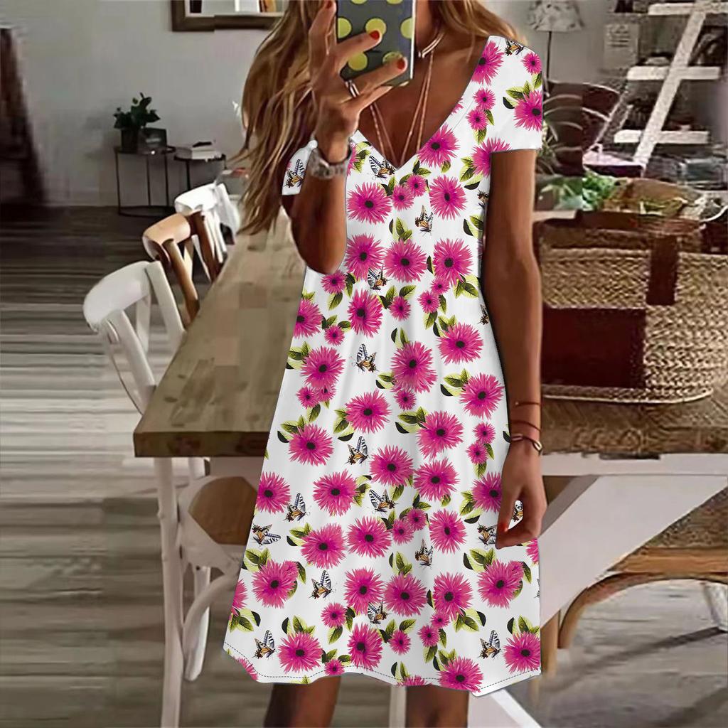Summer Fashion Women's V Neck Short Sleeve Sunflower Printed  Dress Sex Short Skirt Dresses