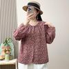Yalu Women's Floral Print Cotton Linen Round Neck Long Sleeve Blouse