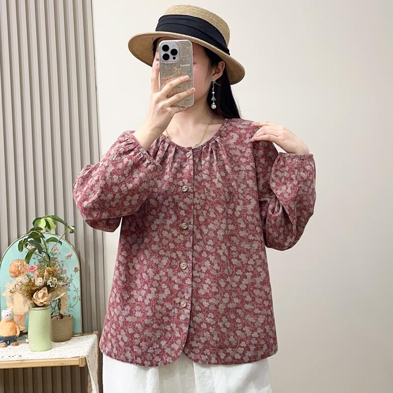 Yalu Women's Floral Print Cotton Linen Round Neck Long Sleeve Blouse