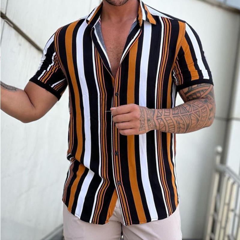

2026 Summer Fashion Men s Personalized Striped Shirt Casual Loose Short Sleeve Cardigan Men s Loose Tops 3XL жовтий