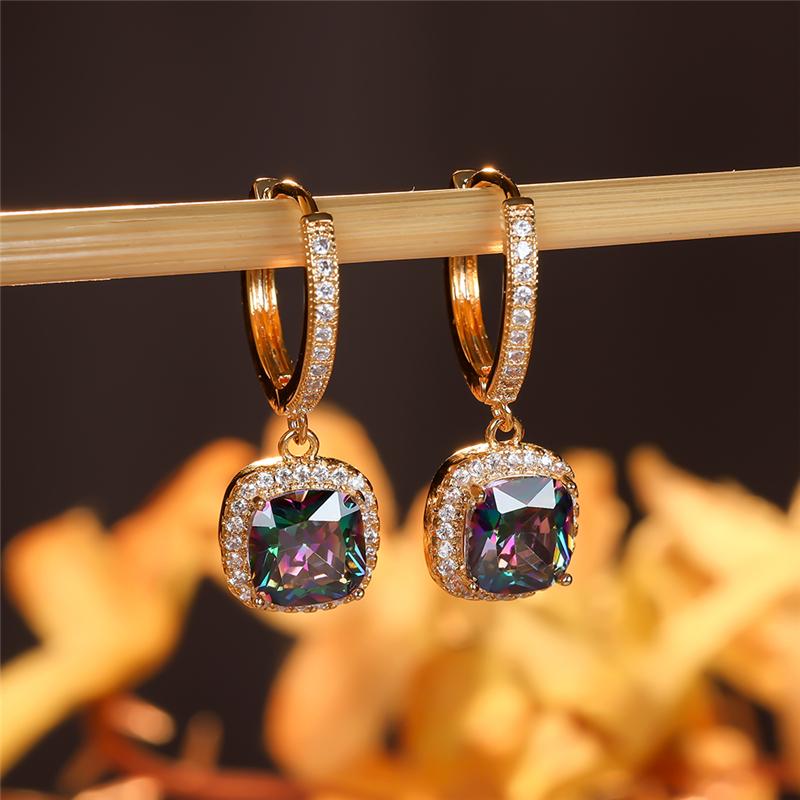 Luxury Female Square Crystal Rainb ow Stone Classic Gold Color Wedding  For Women Vintage Black Zircon Hoop Earrings