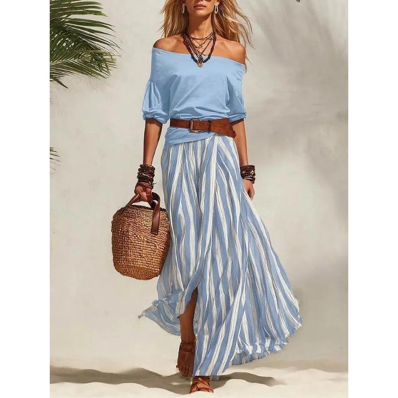 Conjunto Náutico para Vacaciones con Top de Hombros Descubiertos y Falda Larga con Abertura para Mujer
