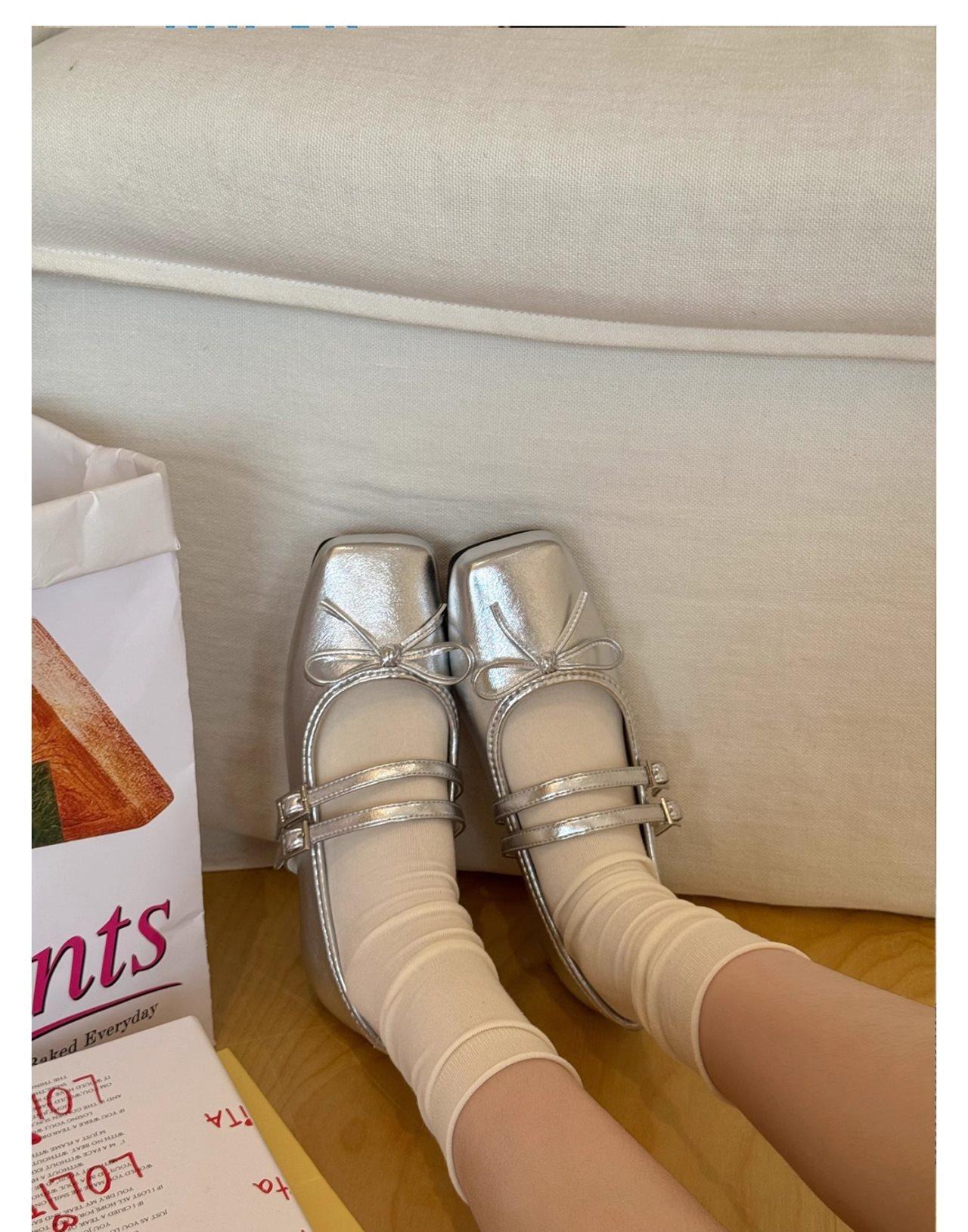 

White strap with light bow buckle 2025 ballet shoes Mary Jane French one-word square head new women s silver 39 серебряный