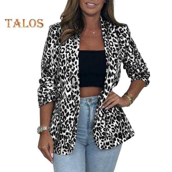 Chaqueta de traje de mujer con solapa, manga larga, un solo botón, estampado de leopardo en bloques de color, corte ajustado, ropa informal de negocios