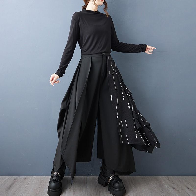 

Черные больших размеров Весна Осень С высокой талией широкие брюки-юбка Женские Свободные Повседневные Брюки