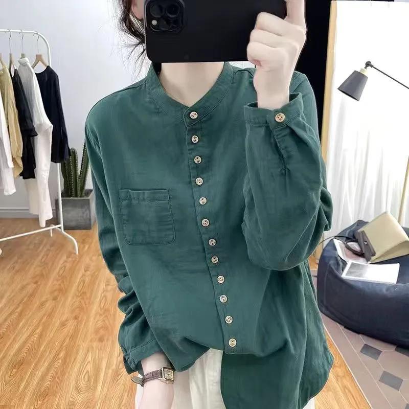 Women's Spring and Autumn Loose Long Sleeved Retro Shirt with Stand Up Collar and Single Breasted Design, Artistic Top