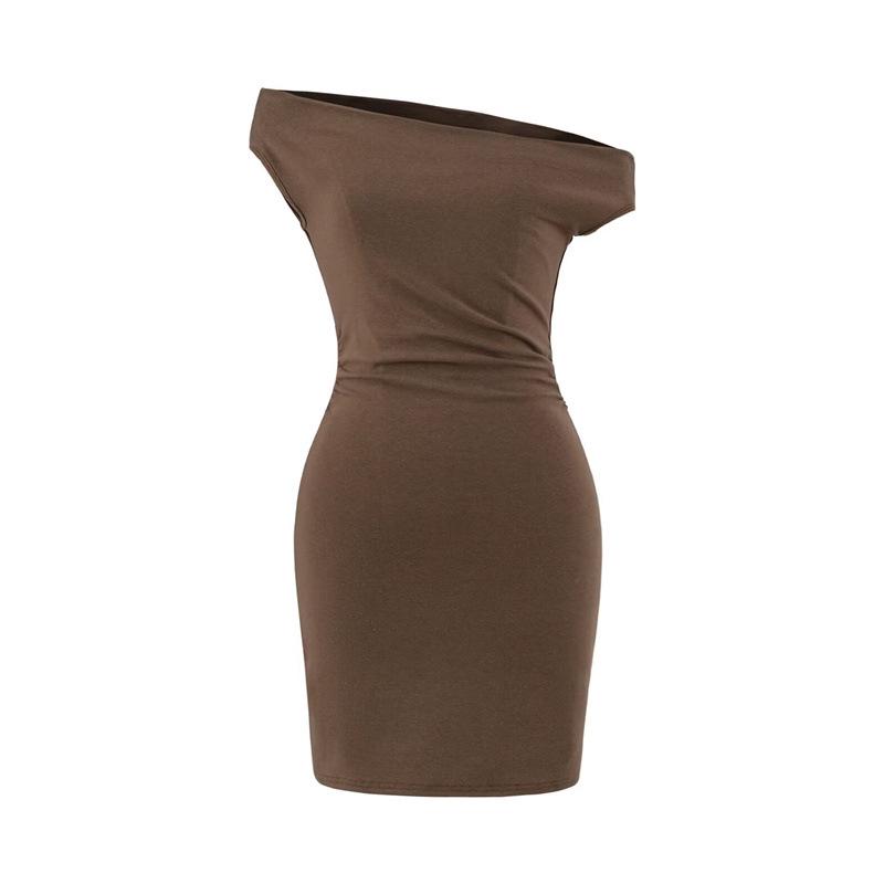 

Women s Elegant Blue One-Shoulder Short-Sleeved Pleated Cotton Dress - Slim-Fit, Hip-Hugging, Perfect for Summer. Small кавовий