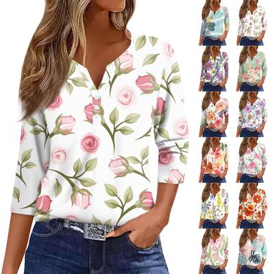 Women's T Shirt Tee Print Button 3/4 Sleeve Daily Weekend Fashion Basic V- Neck Regular Top