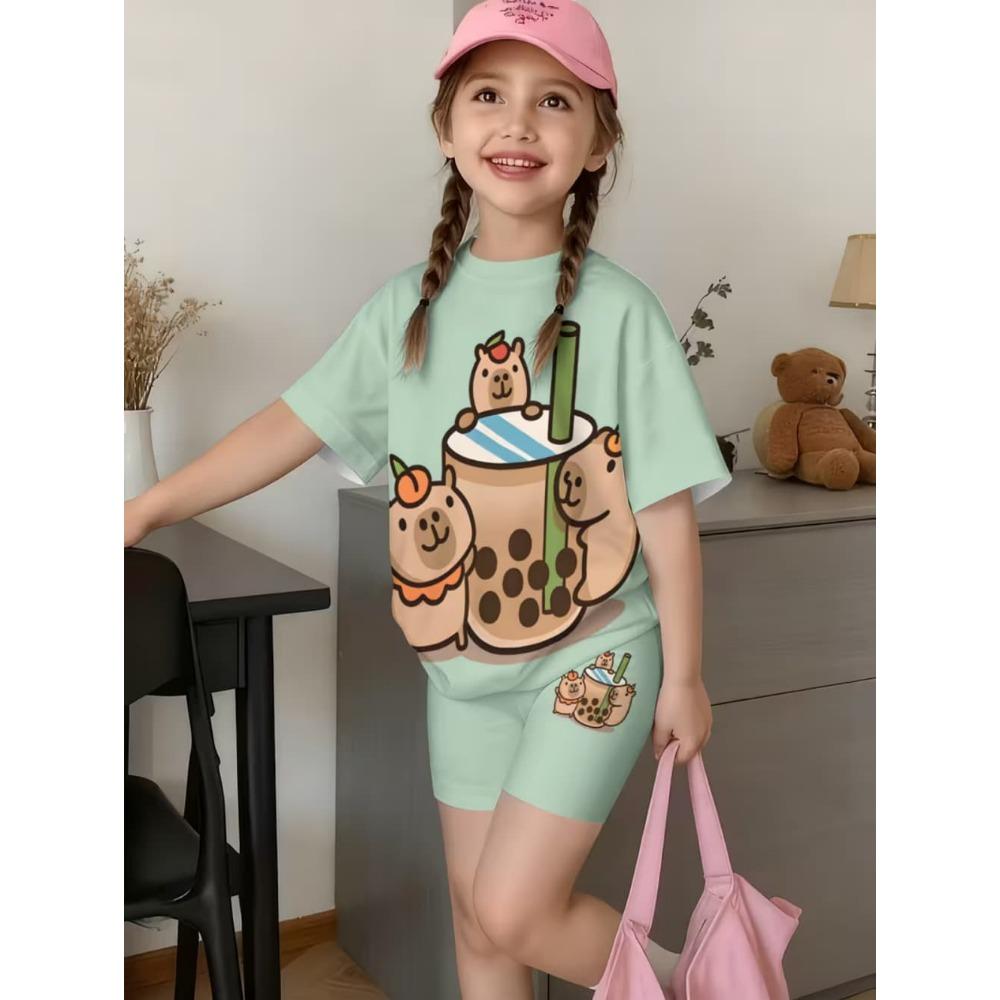 Conjunto de Camiseta Gráfica Divertida de Capibara para Niños de Verano Cuello Redondo Mangas Cortas Pantalones Cortos con Cintura Elástica Conjunto de 2 Piezas Ropa Casual para Niñas