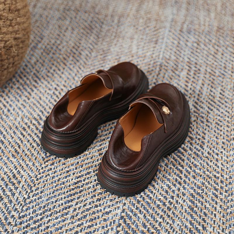 Camellia Small Gold Coin Loafers Women's 2025 Spring New High-end British Style Thick Heel Small Leather Shoes One Pedal