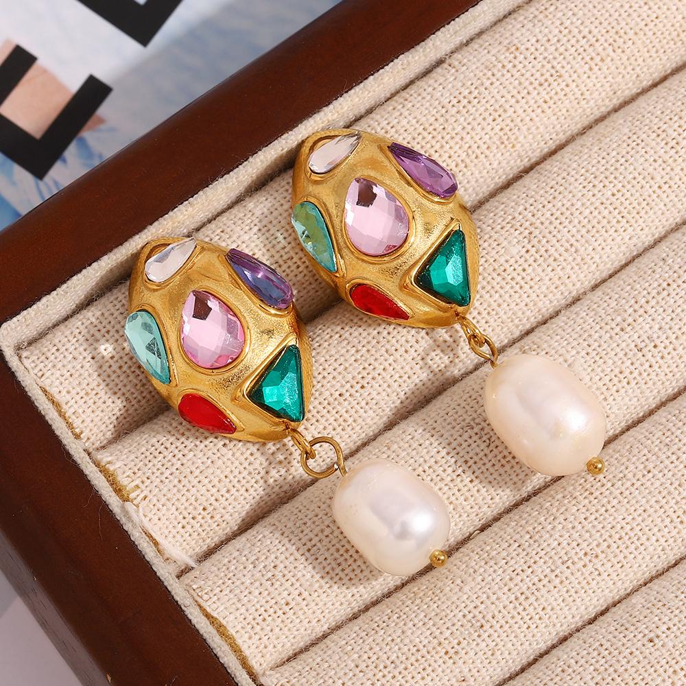 MamacitaSlay Creative Stainless Steel Multicolor Zircon Pearl Earrings Party Waterproof Jewelry Women's Charm Statement Earrings