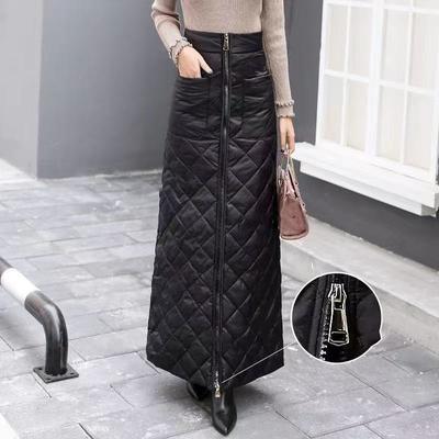 Long Warm Cotton Skirt with Windproof Design and Diamond Pattern for Winter