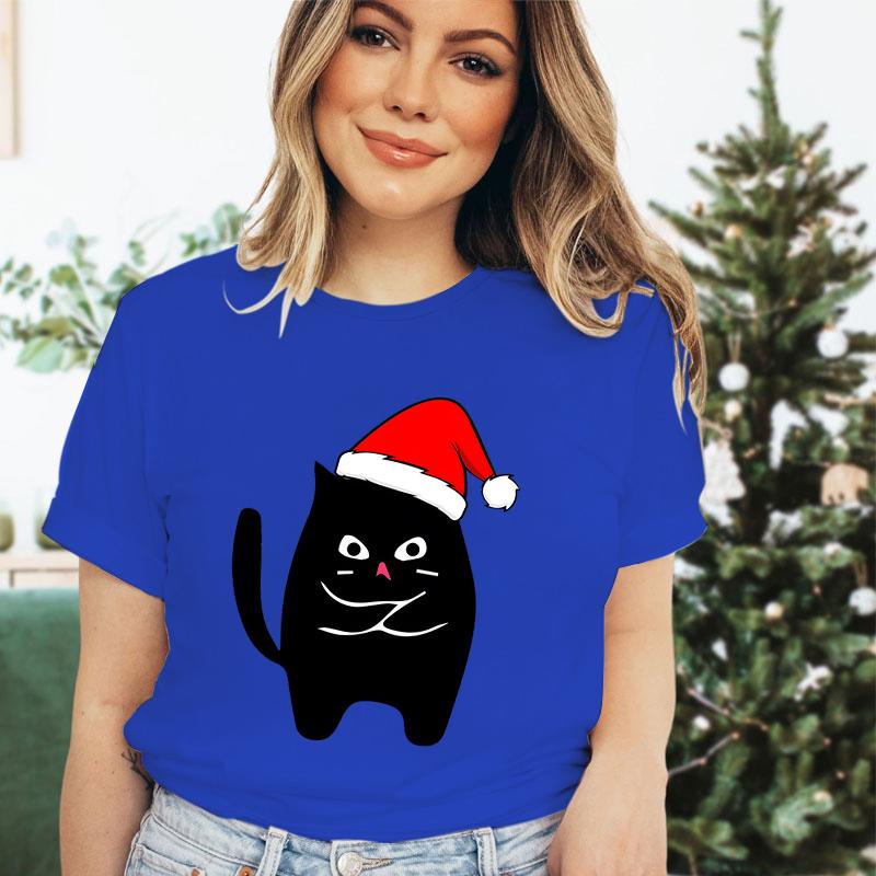Christmas Black Santa Cat Trend Style Short Sleeve Tshirt Womens Christmas Gift Cute Animals Lovers Cartoon Classic Tshirts