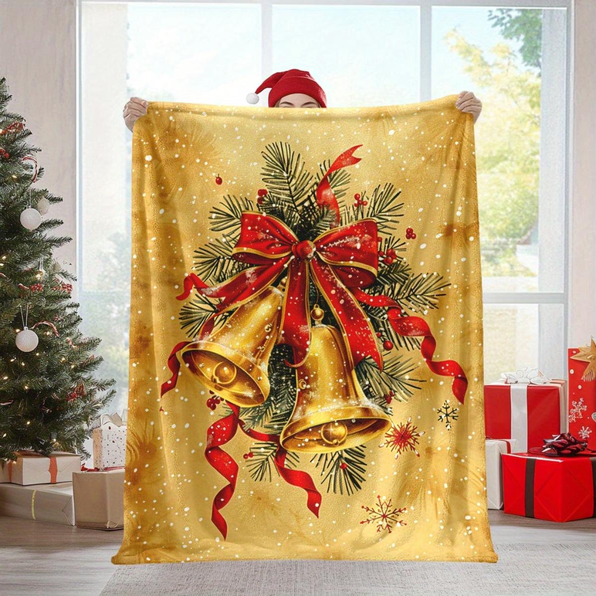 Comfortable Gold Christmas Bell Flannel Blanket - Soft and warm, perfect for sofas, beds, chairs, camping, and as a holiday gift 130x150cm