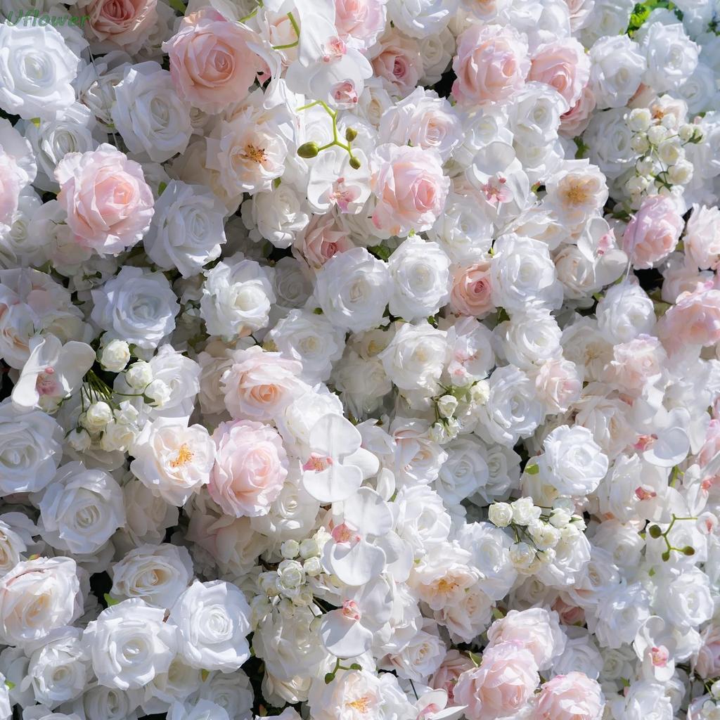 Uflower White Artificial Flower Wall Roll-Up Hanging Fabric Floral Backdrop for Wedding Event Party Decorations Curtain