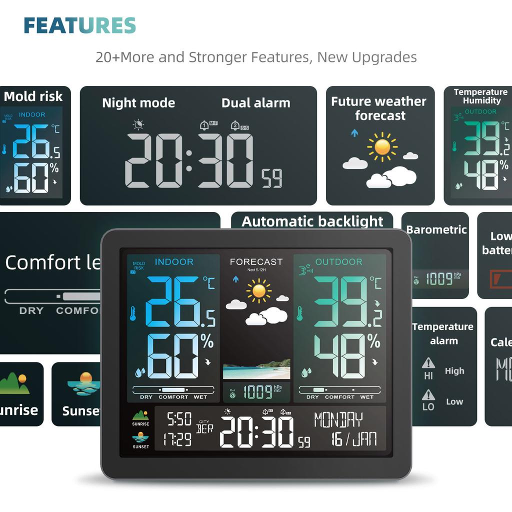 The Multi-functional Electronic Weather Station Features an Intelligent Color Screen Clock for Temperature and Humidity