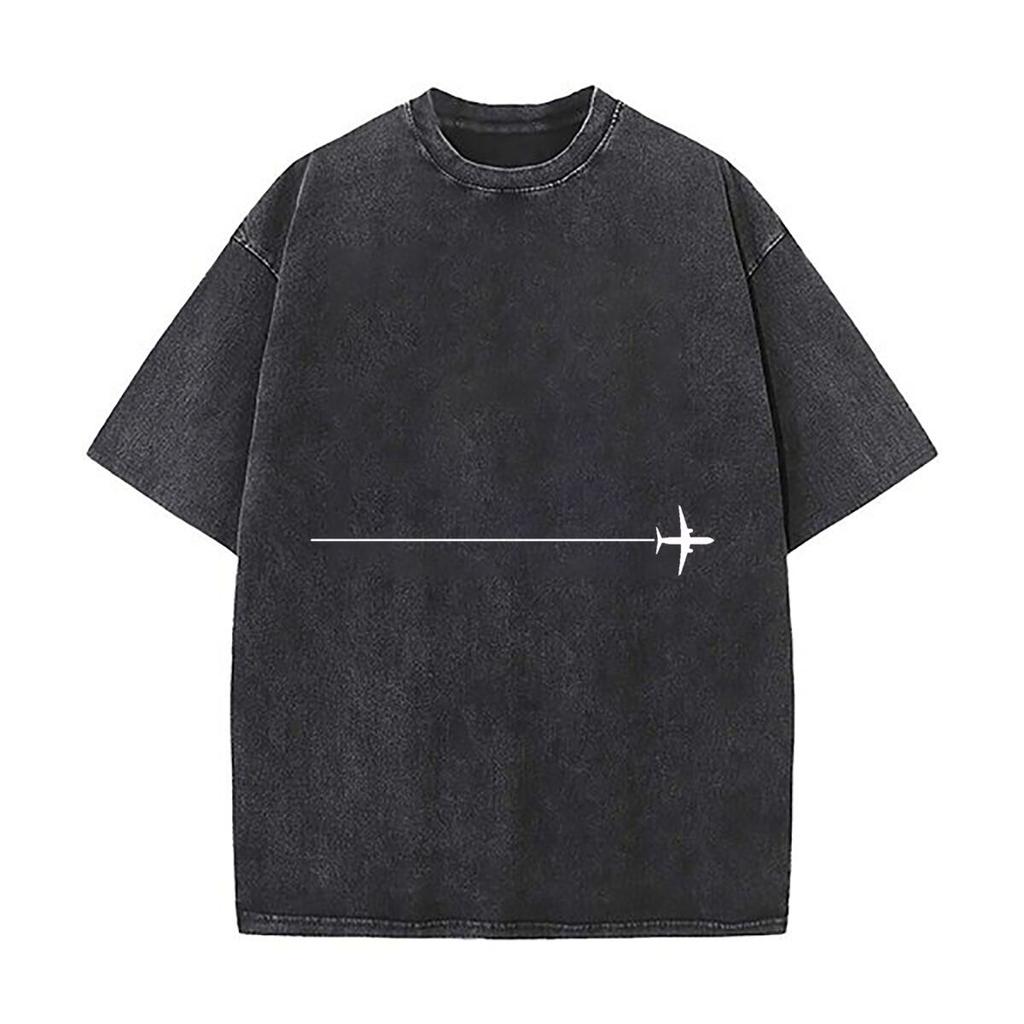 Minimalist Airplane Graphic Design Vintage Distressed Loose Streetwear Tops For Campus Days