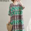 MODIQUE Sommer Übergröße Neues Kleid Hemd Damen Vintage Baumwolle Leinen Falten Kleid Drucken Lässig Damenkleider Kurzarm O-Ausschnitt Volantkleid